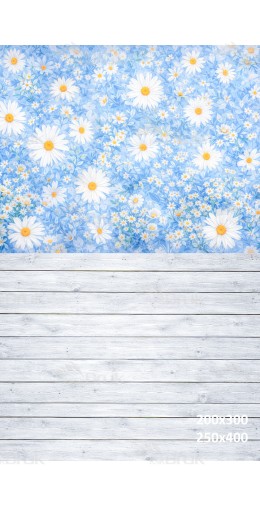 Tło fotograficzne „Błękitna łąka z białymi stokrotkami i jasną podłogą” | 3806